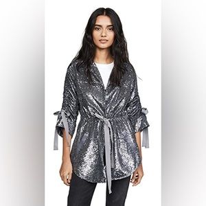 CINQ A SEPT Intermix *Mathieu* blue silver sequin ribbon tie jacket top XS